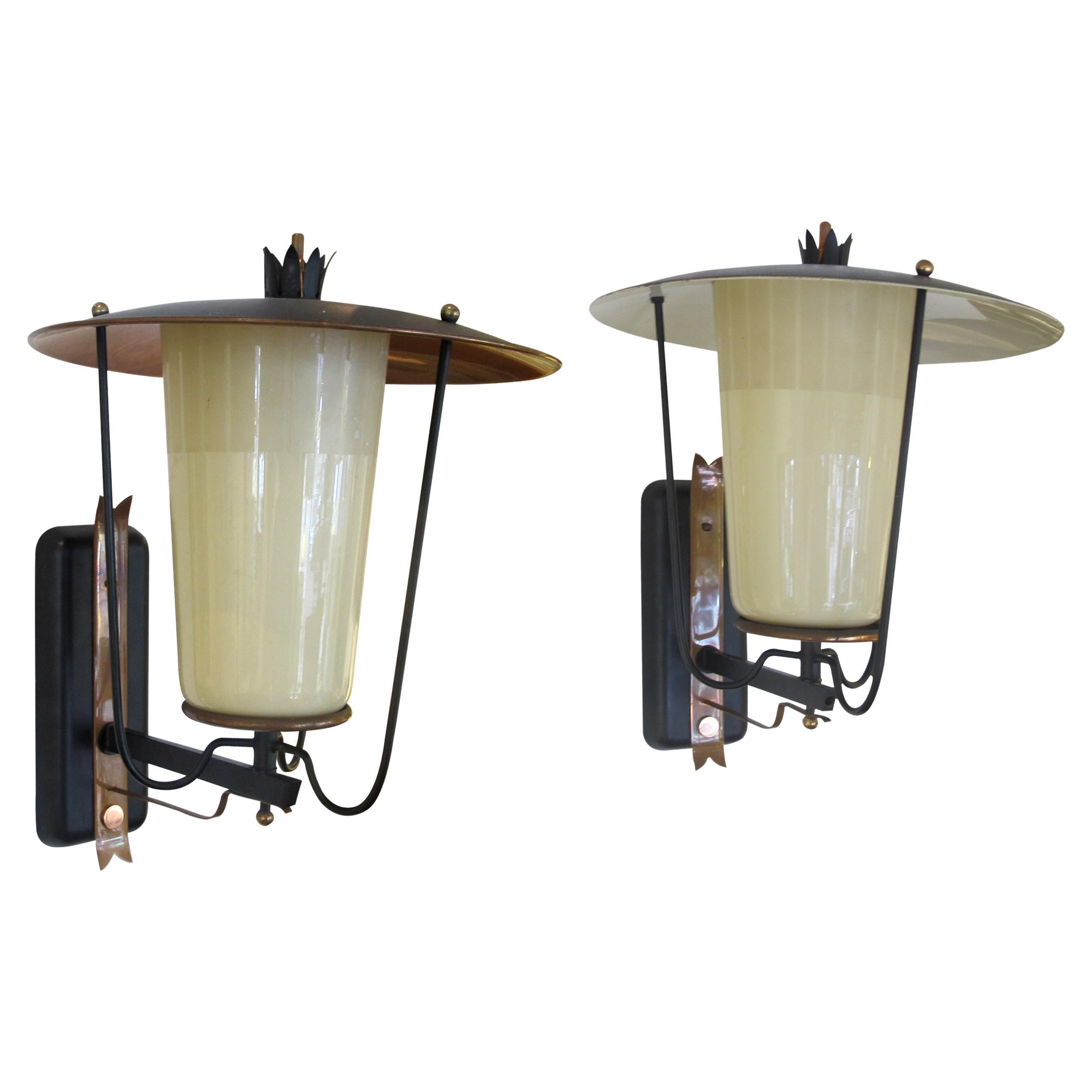Pair of 1950s French Wall Mounted Opaque White Glass Shade Metal Lanterns