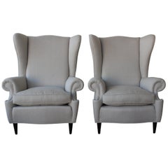 Pair of 1950s French Wingback Chairs in Hemp Linen