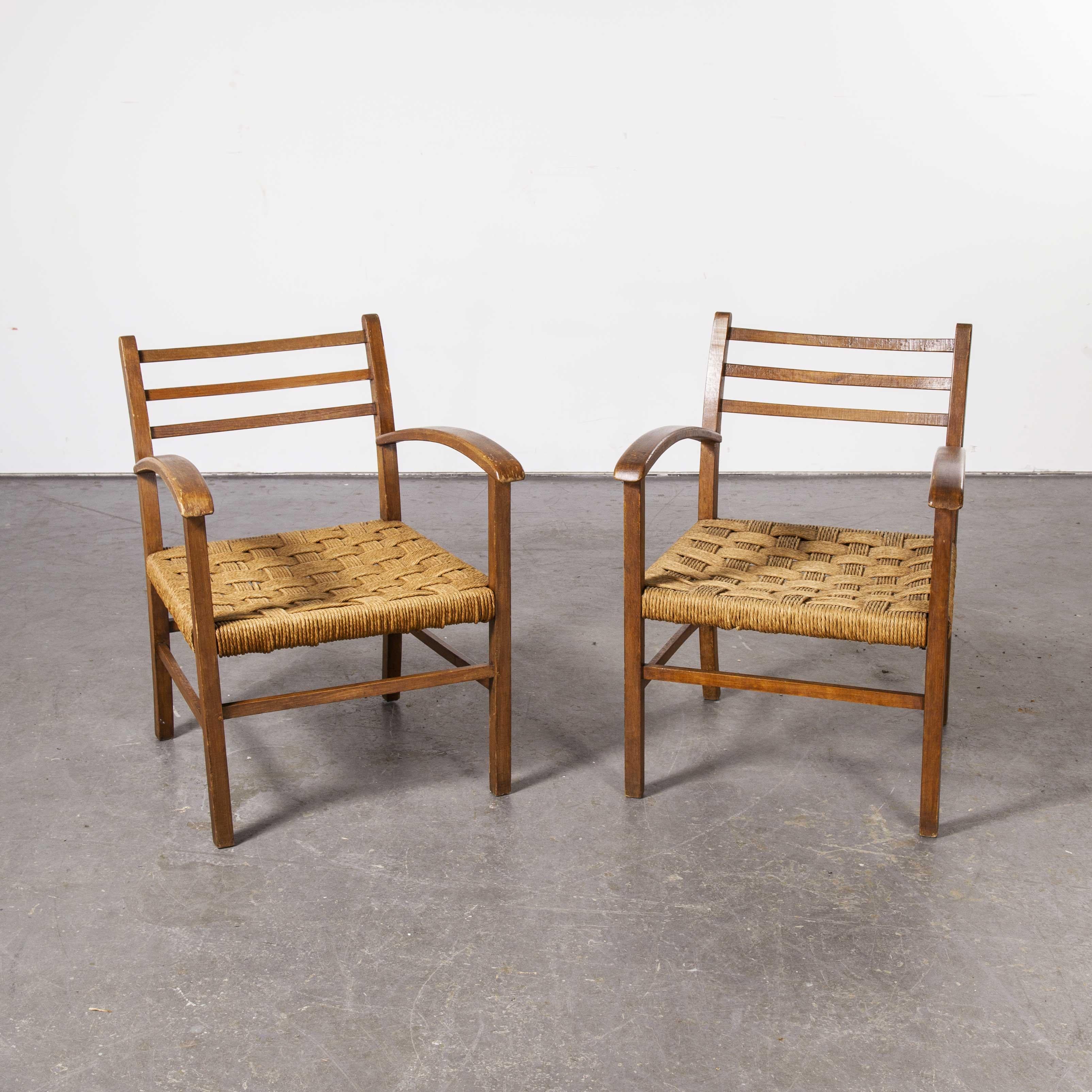 Mid-20th Century Pair of 1950s French Woven Rush Seated Armchairs