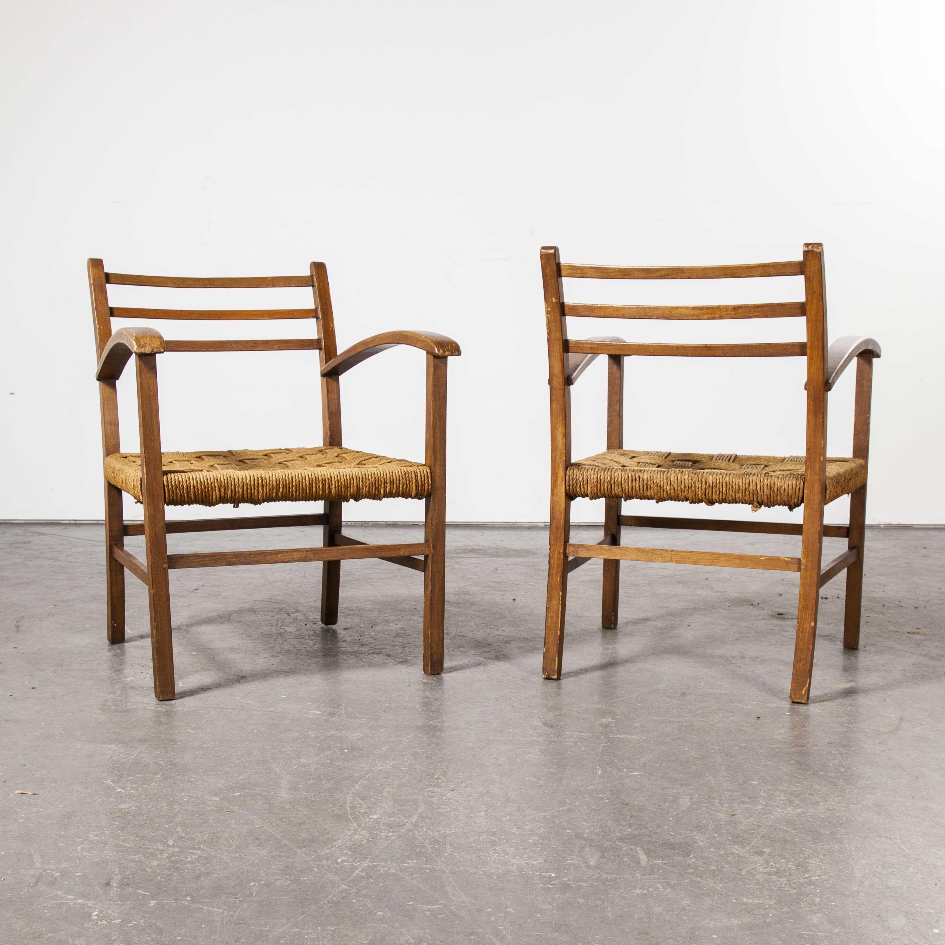 Pair of 1950s French Woven Rush Seated Armchairs 2