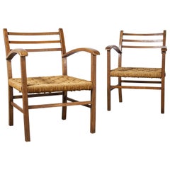 Vintage Pair of 1950s French Woven Rush Seated Armchairs
