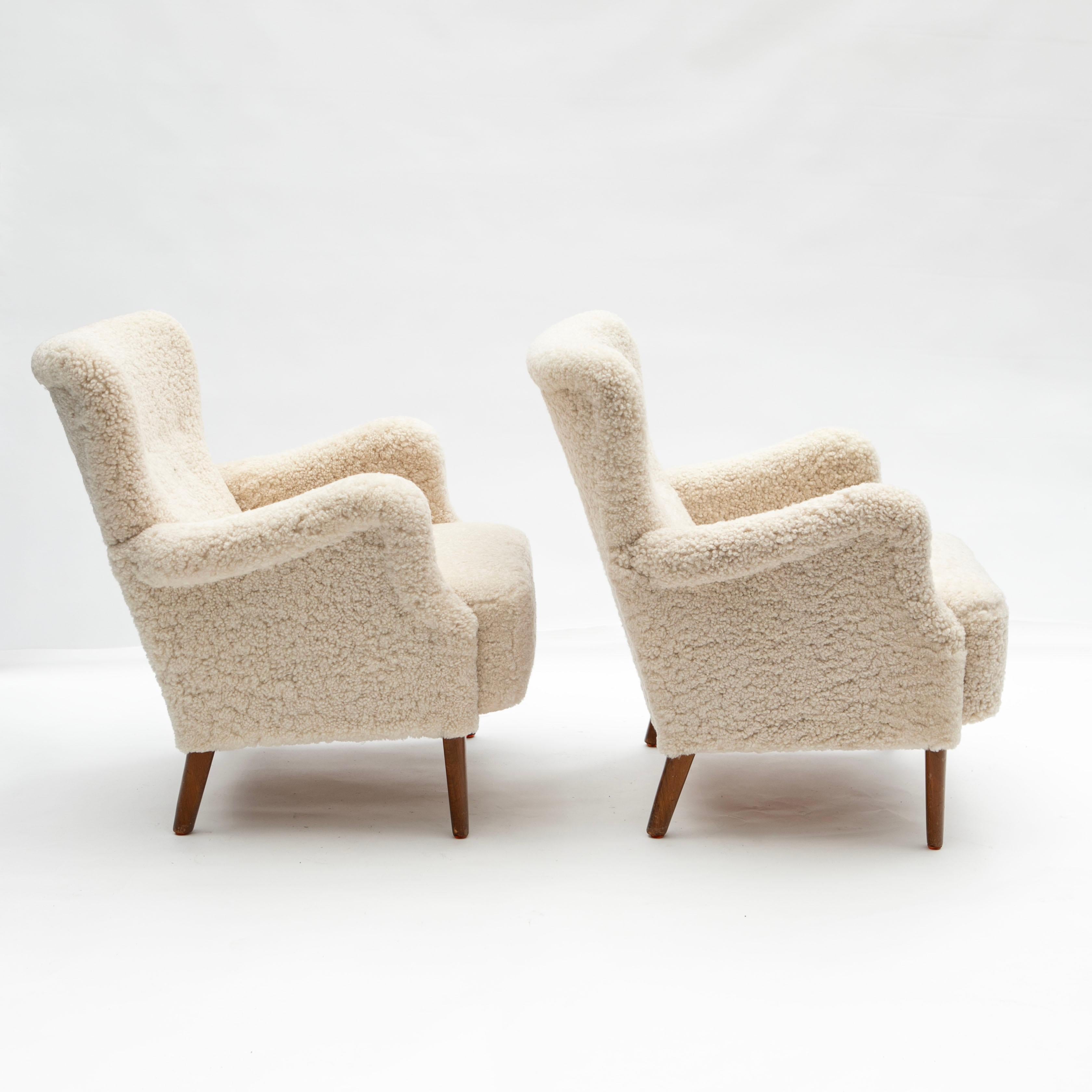 Modern Pair of 1950's Fritz Hansen Sheepskin Easy Chairs Model 8010