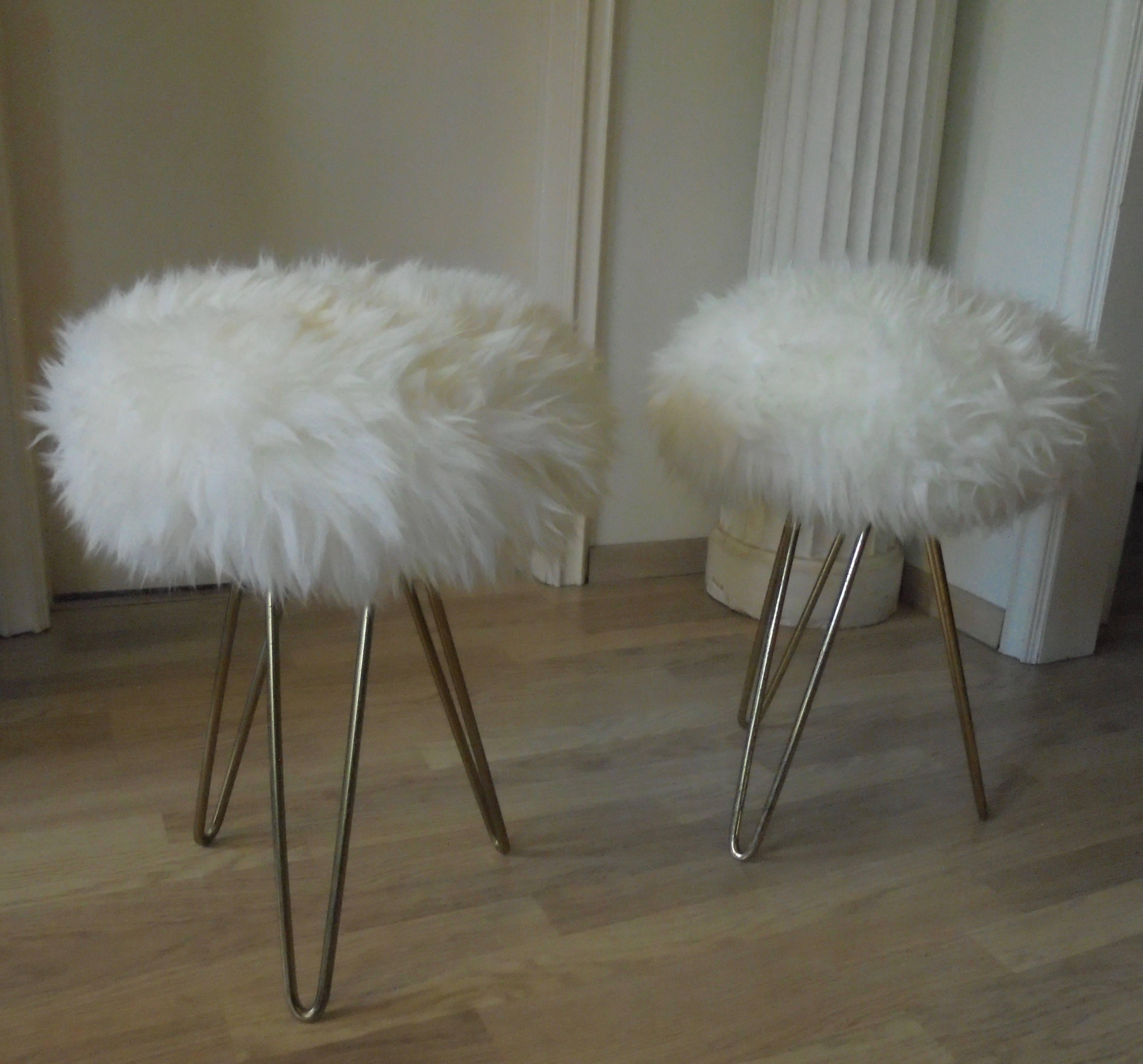 Mid-Century Modern Pair of 1950's Fur Ottomans in the Style of Jean Royère, France