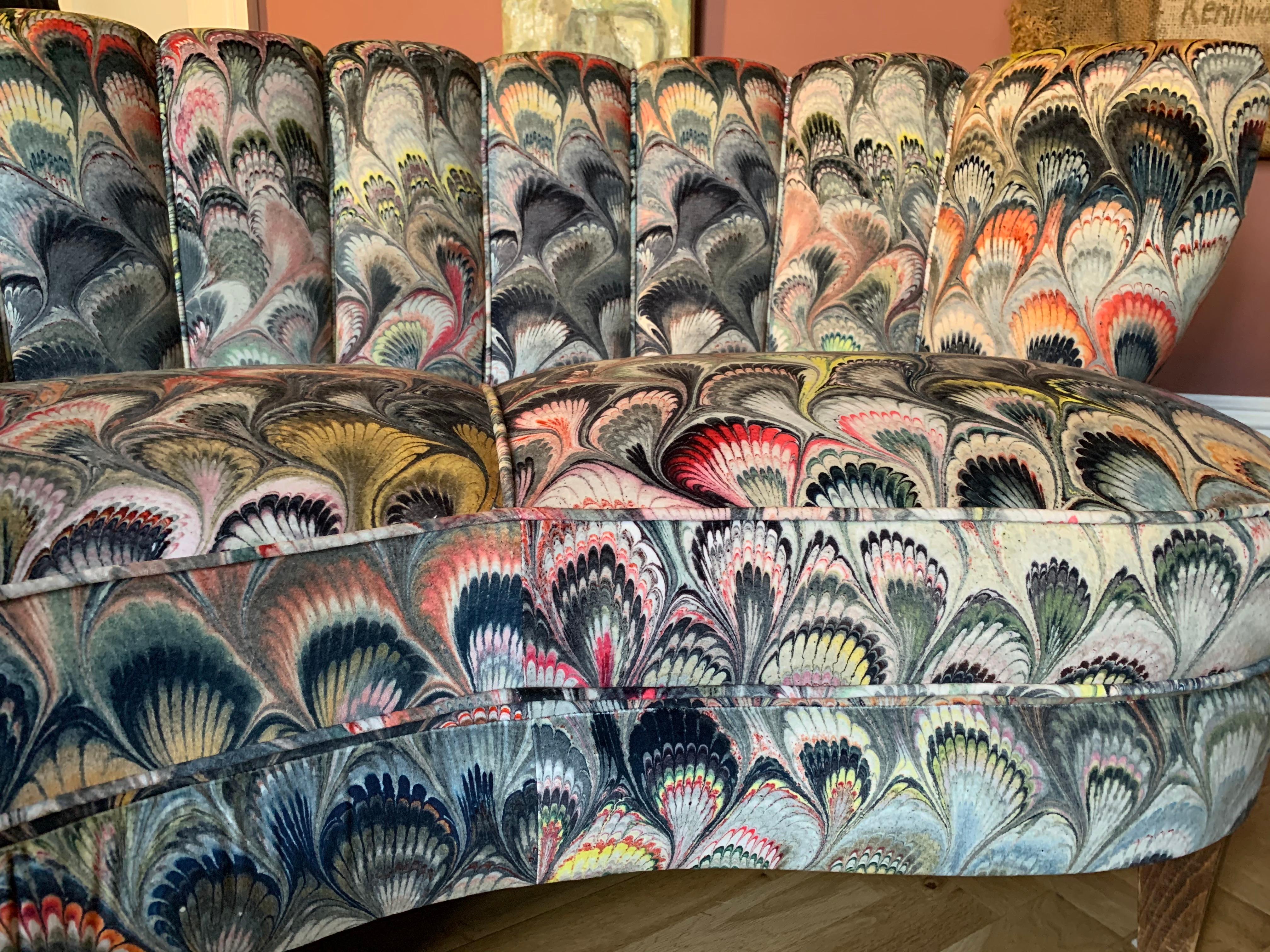 Pair of 1950s German Scalloped Curved Sofas in Beata Heuman Marbleised Fabric 2