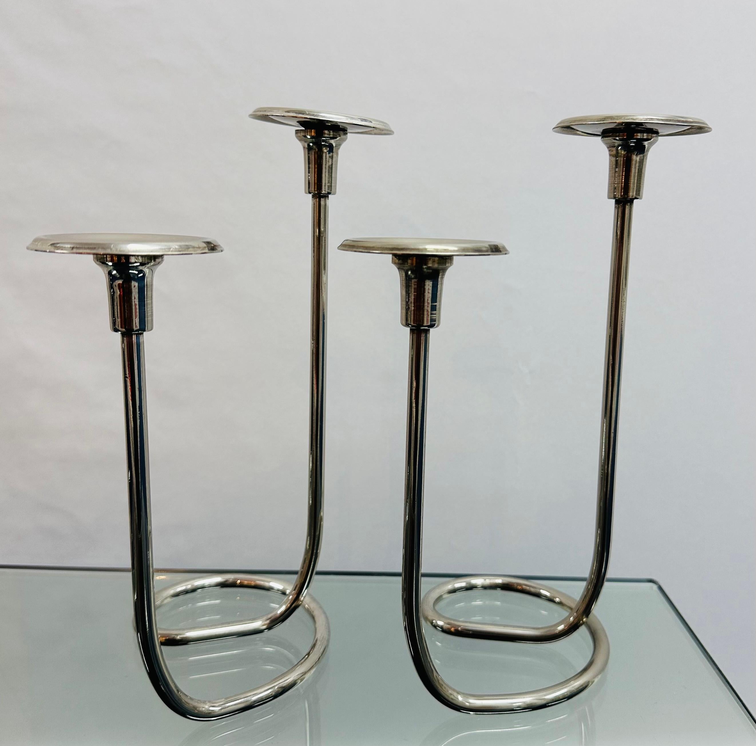 Pair of 1950s German Silver Plate Candleholders in the style Wilhelm Wagenfeld For Sale 10
