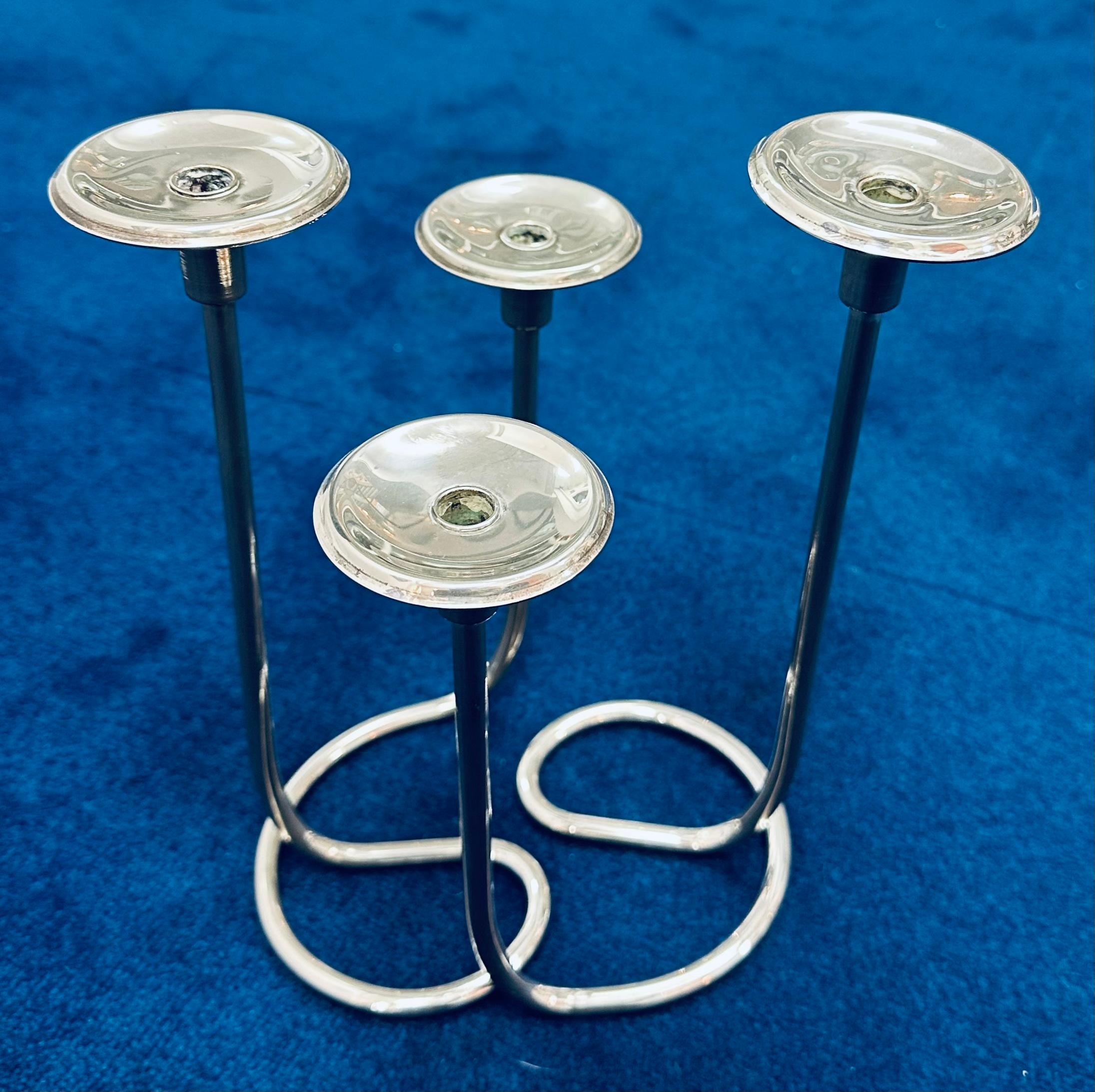 Mid-Century Modern Pair of 1950s German Silver Plate Candleholders in the style Wilhelm Wagenfeld For Sale