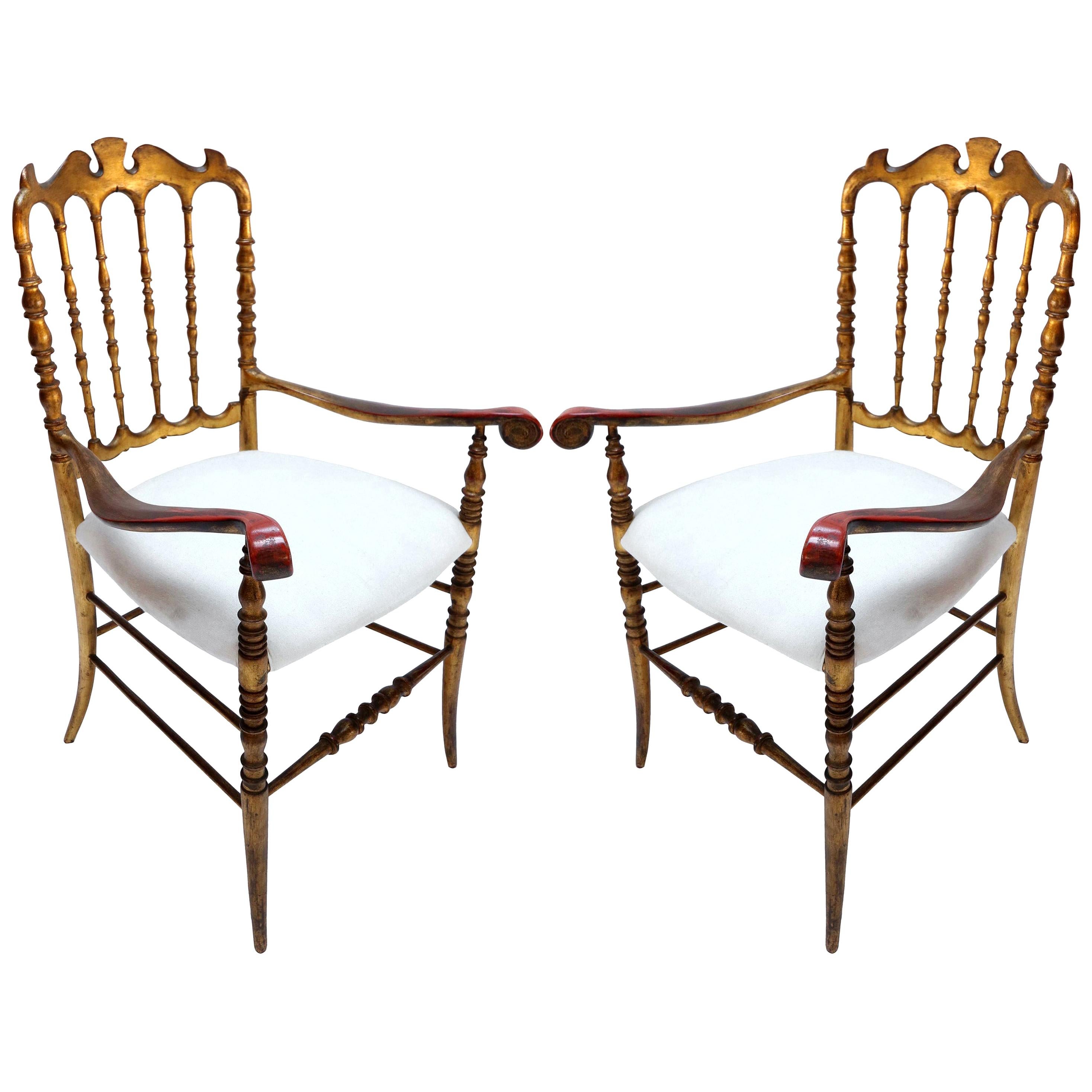 Pair of 1950s Gilded Wood Chiavari Chairs with Ivory Seats