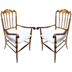 Pair of 1950s Gilded Wood Chiavari Chairs with Ivory Seats