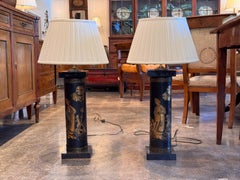 Pair of 1950s Gilt Decorated Glass Column Lamps