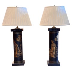 Pair of 1950s Gilt Decorated Glass Column Lamps Pair of 1950s Gilt Decorated Glass Column Lamps