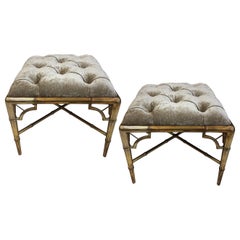 Pair of 1950s Giltwood Faux Bamboo Tufted Benches