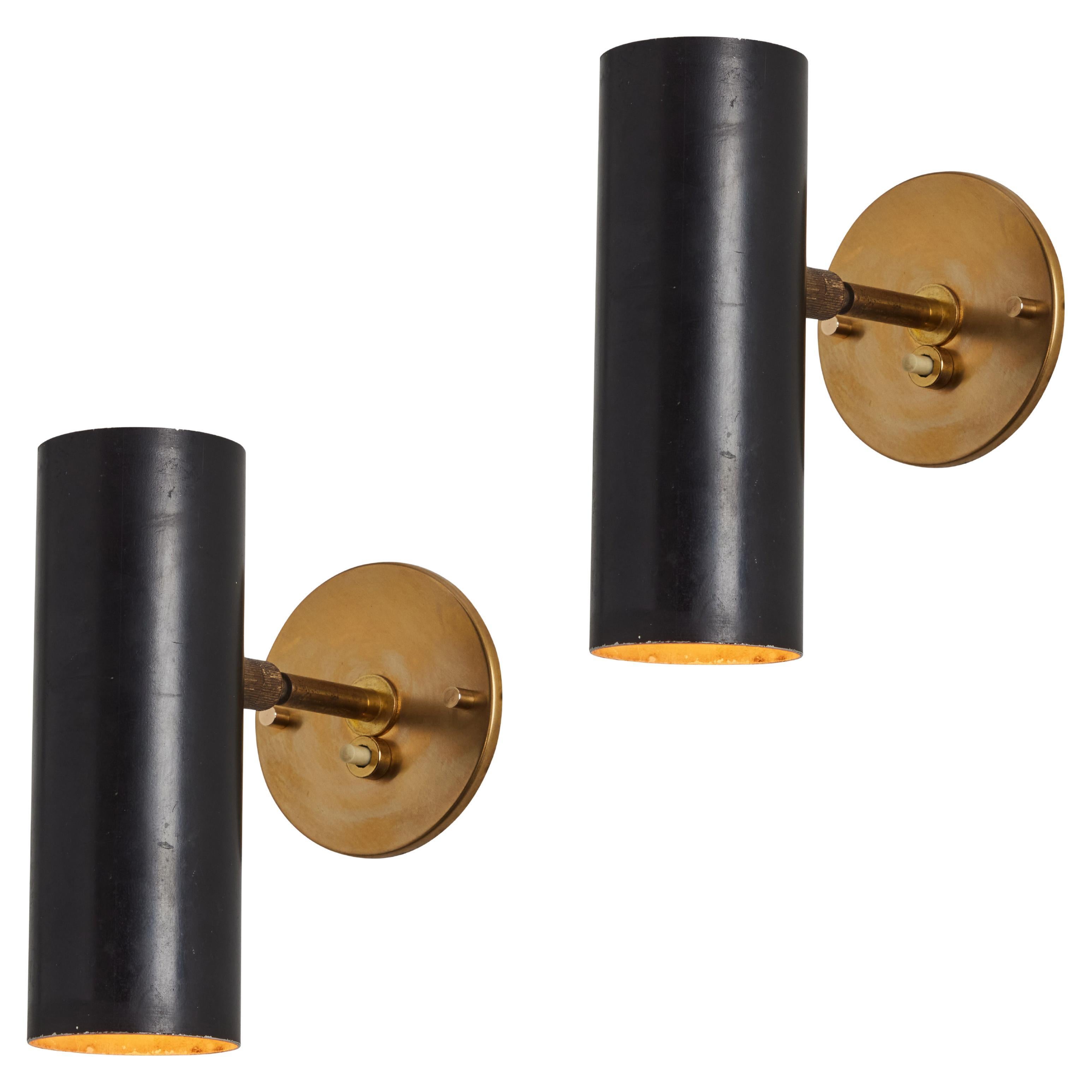 Pair of 1950s Gino Sarfatti Cylindrical Metal and Brass Sconces for Arteluce For Sale