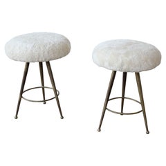 Pair of 1950s Gio Ponti Style Italian Brass Stools Upholstered in Shearling Pair of 1950s Gio Ponti Style Italian Brass Stools Upholstered in Shearling