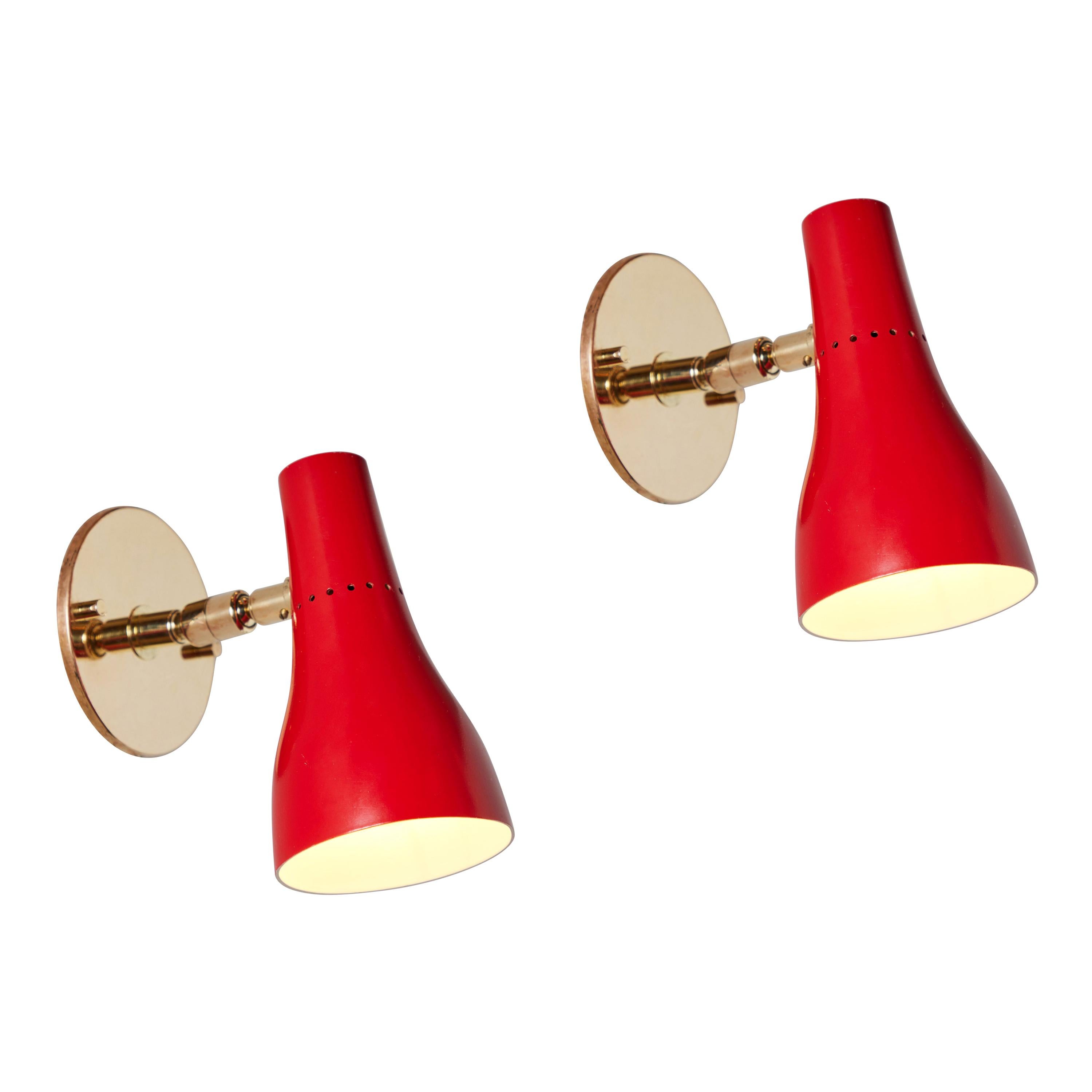 Pair of 1950s Giuseppe Ostuni Perforated Red Wall Lamps for O-Luce For Sale