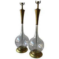 Pair of 1950s Glass and Brass Lamps