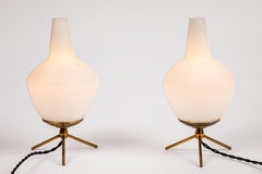 Pair of 1950s Glass & Brass Tripod Table Lamps Attributed to Stilnovo