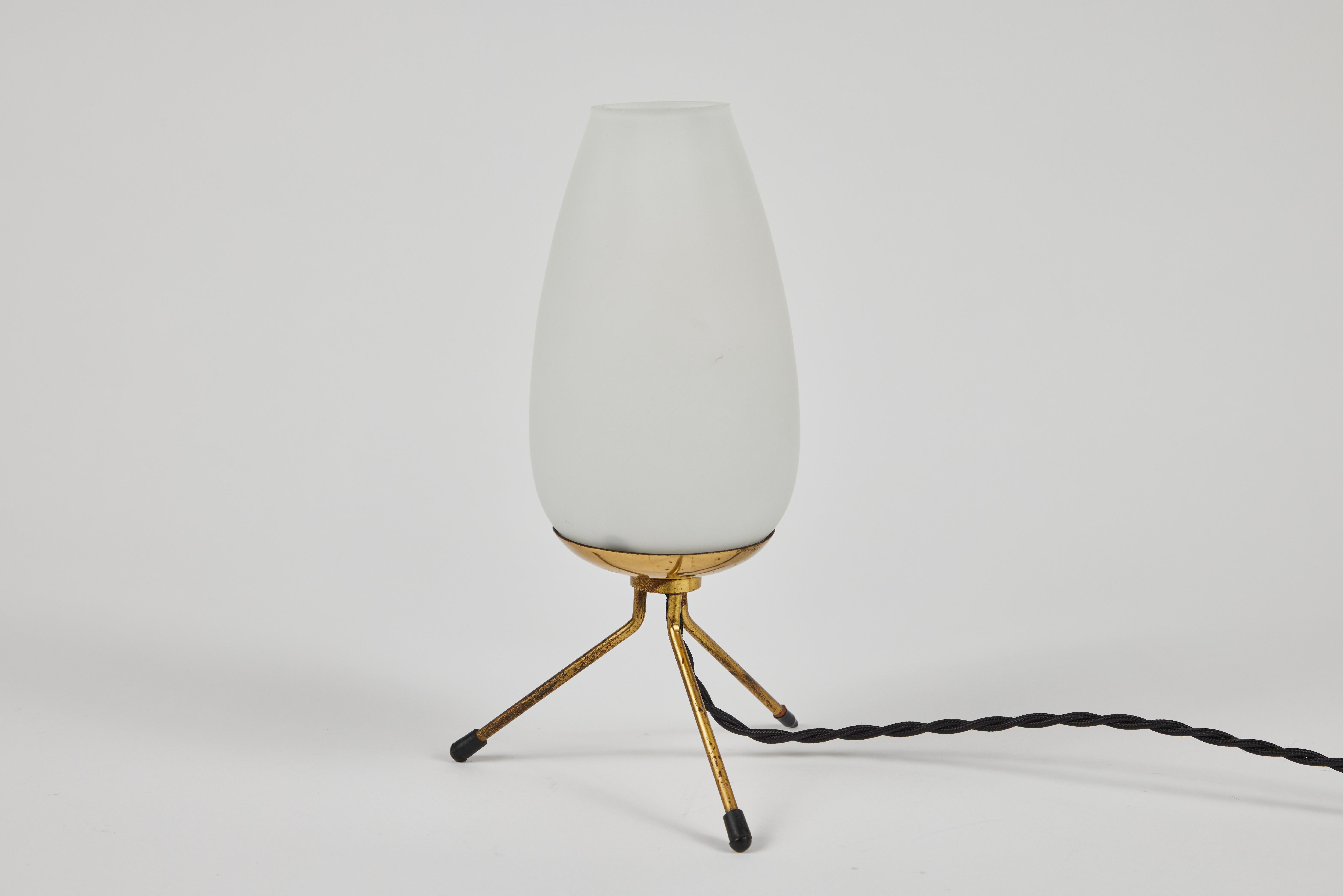 Mid-Century Modern Pair of 1950s Glass & Brass Tripod Table Lamps Attributed to Stilnovo