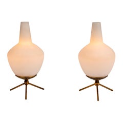 Pair of 1950s Glass & Brass Tripod Table Lamps Attributed to Stilnovo