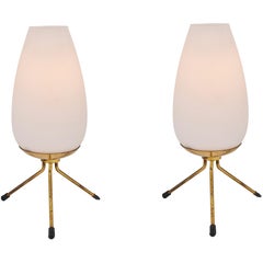 Pair of 1950s Glass & Brass Tripod Table Lamps Attributed to Stilnovo