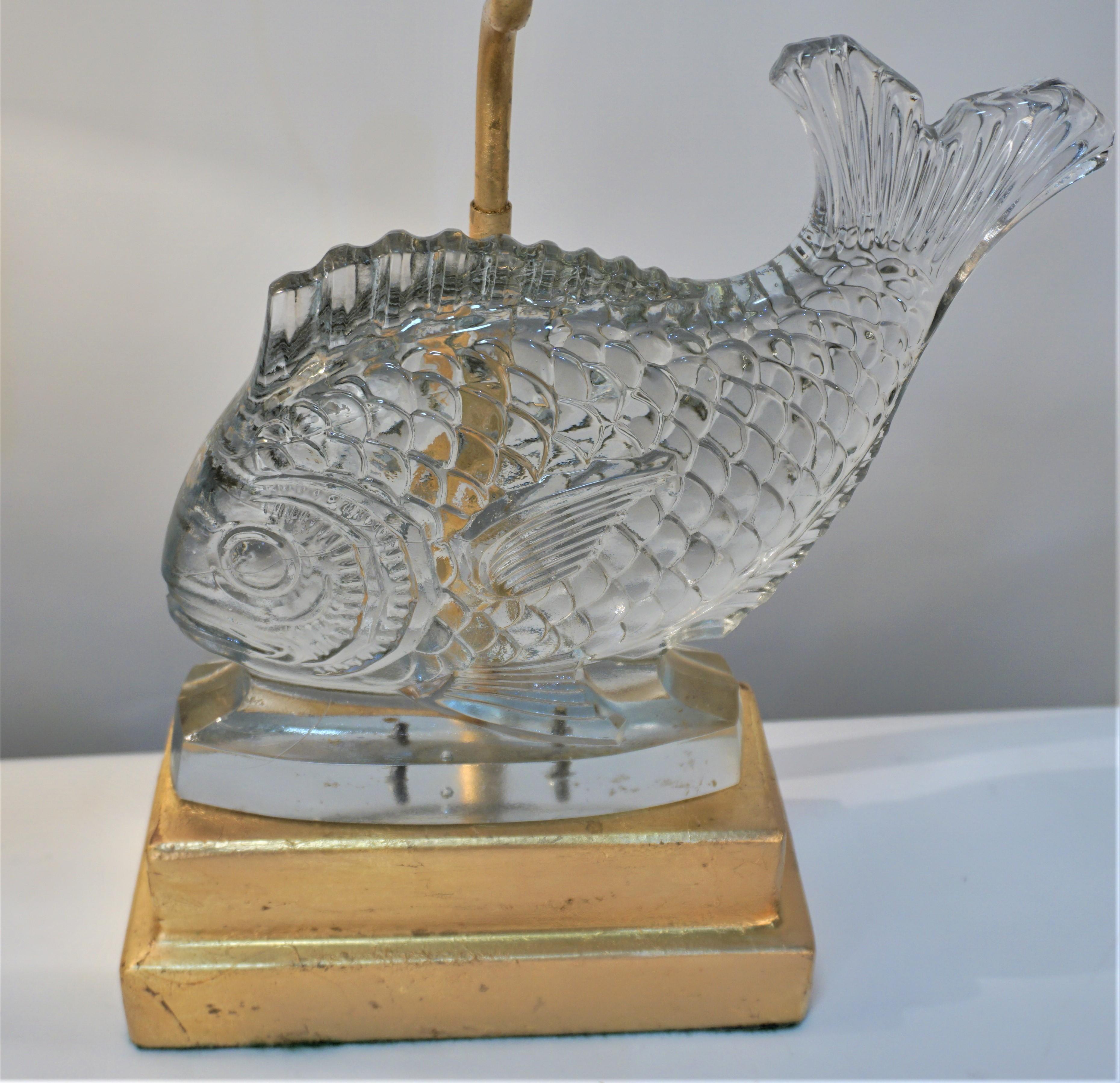 Pair of 1950's Glass Fish Lamp with Gold Leaf Base In Good Condition In Fairfax, VA