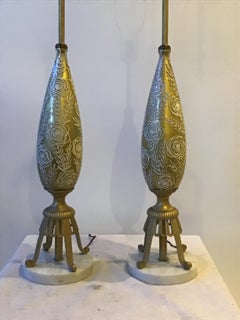 Pair of 1950s Gold Glass Lamps with Raised Floral Design