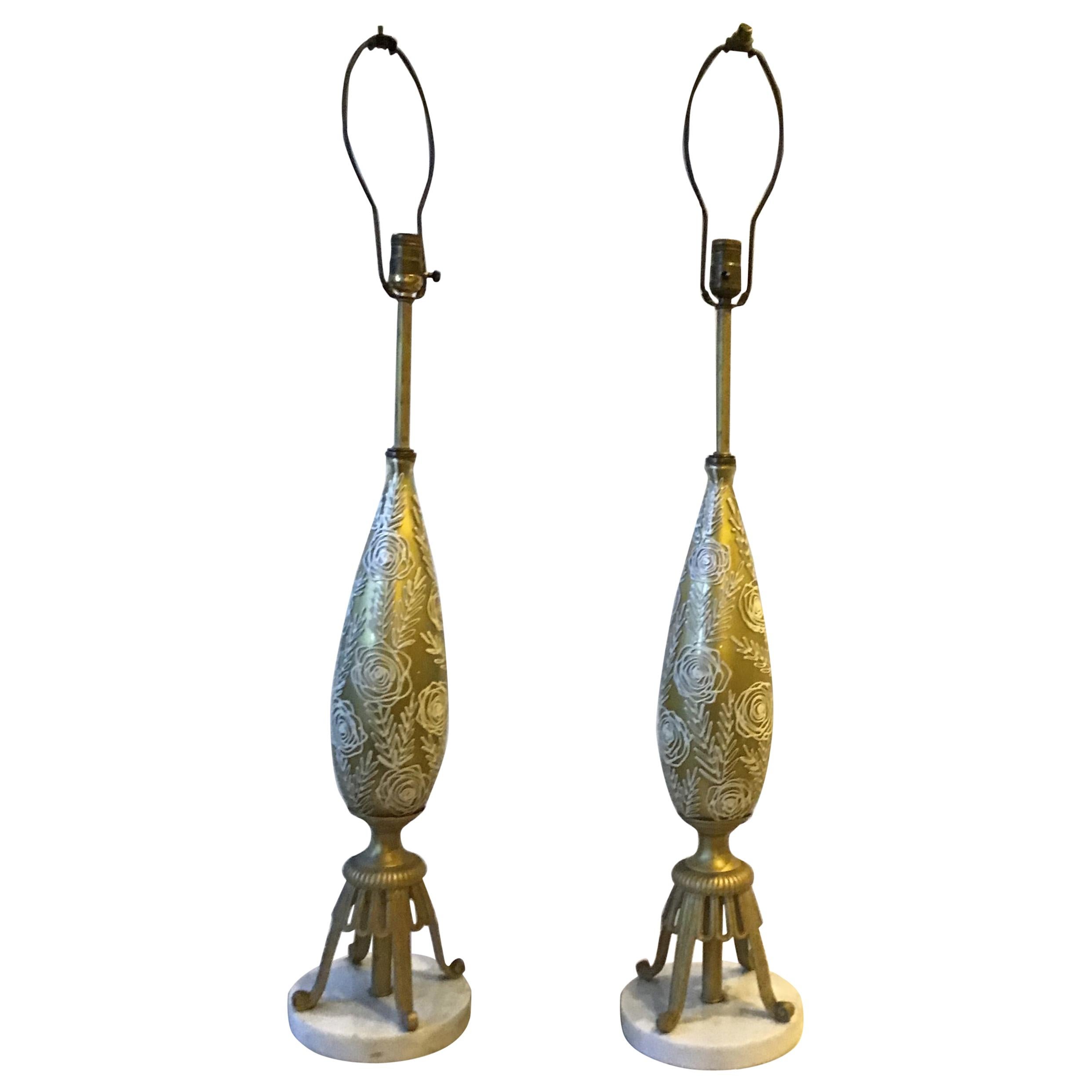 Pair of 1950s Gold Glass Lamps with Raised Floral Design
