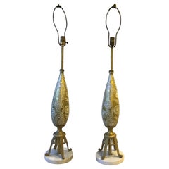 Pair of 1950s Gold Glass Lamps with Raised Floral Design