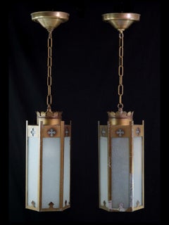 Pair of 1950s Gothic Pendant Lights W/ Hexagon Shape and White Textured Glass