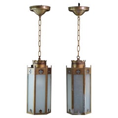 Pair of 1950s Gothic Pendant Lights W/ Hexagon Shape and White Textured Glass