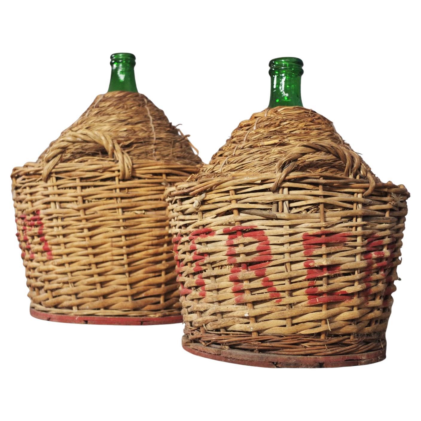 Paar Demijohns aus grünem Glas aus den 1950er Jahren - Italienischer Charme im Angebot