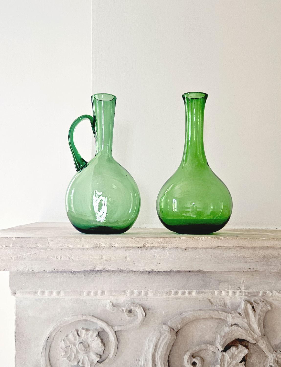 Mid-20th Century Pair of 1950s Green Hand-blown Empoli Glass Bottles