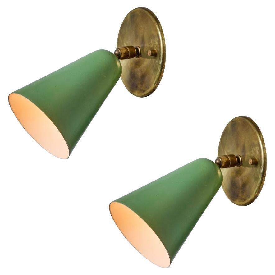 Pair of 1950s Green Metal & Brass Sconces for Arteluce