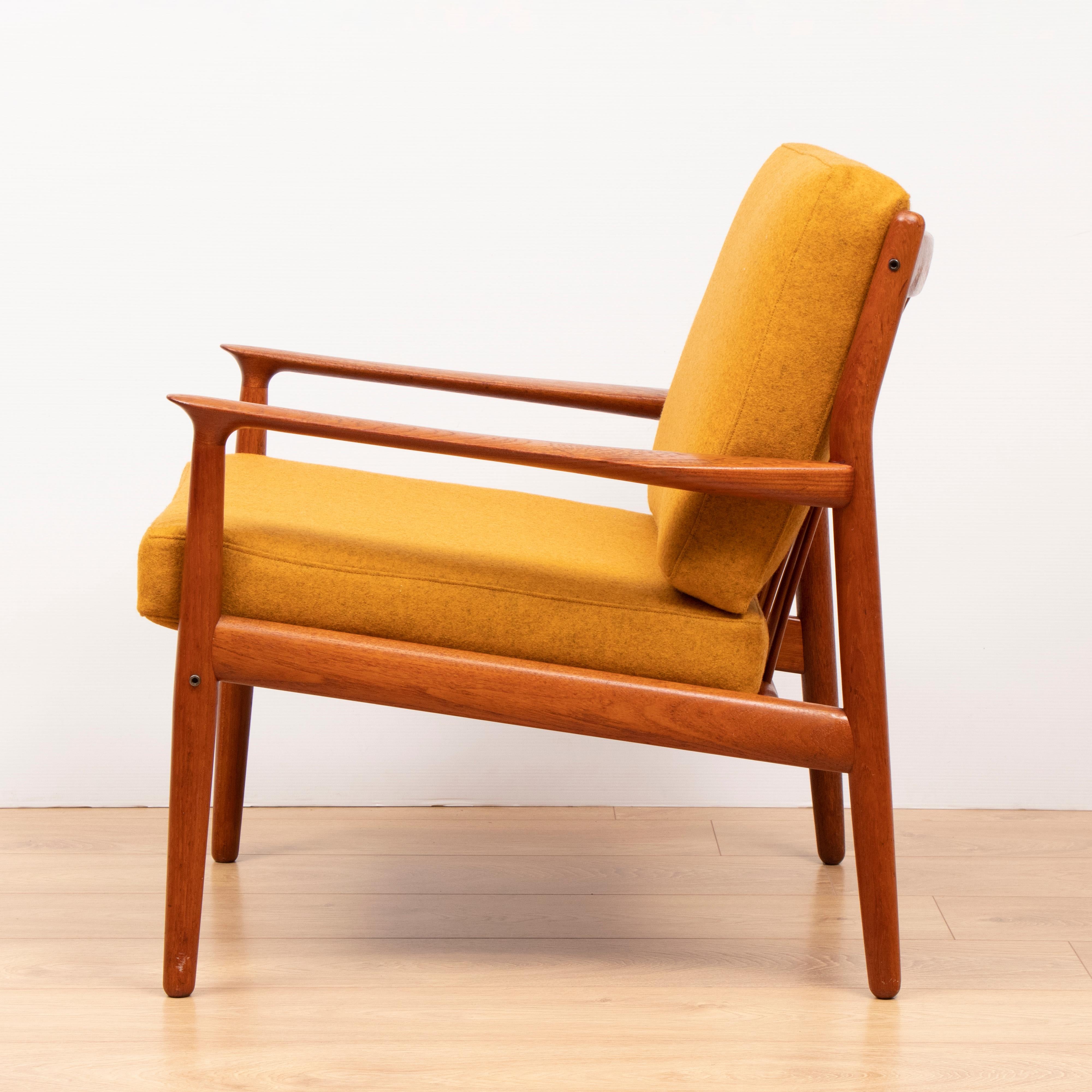 Mid-Century Modern Pair of 1950s Grete Jalk for Glostrup Model 218 Teak Reupholstered Armchairs