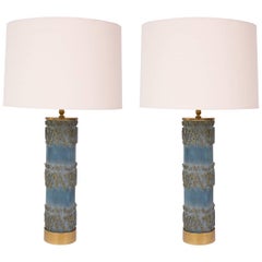 Pair of 1950s Hand-Painted Wood and Brass Lamps