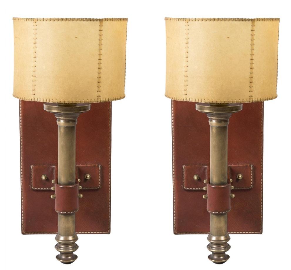 French Pair of 1950's Hand-Stitched Leather Sconces by Jacques Adnet
