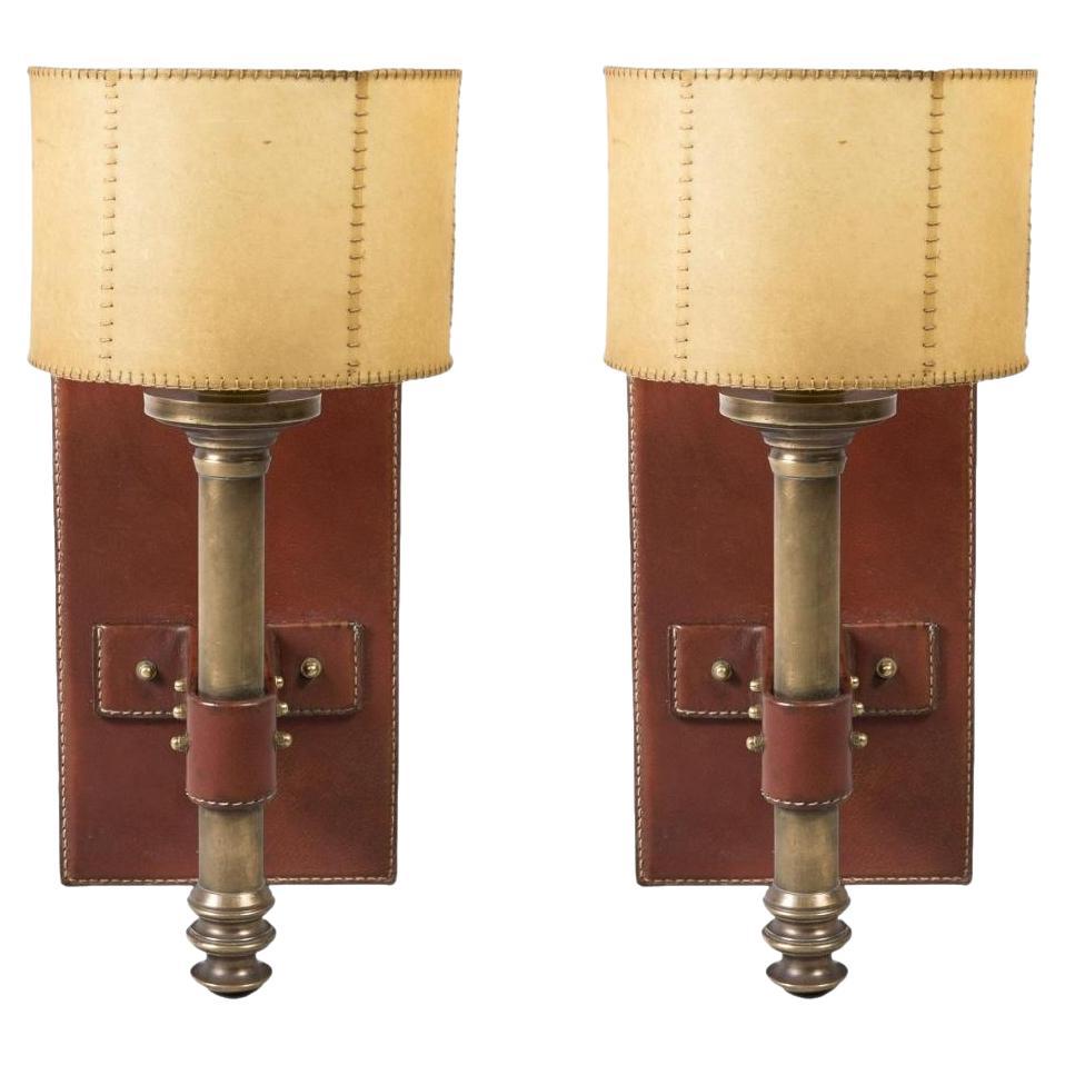 Pair of 1950's Hand-Stitched Leather Sconces by Jacques Adnet
