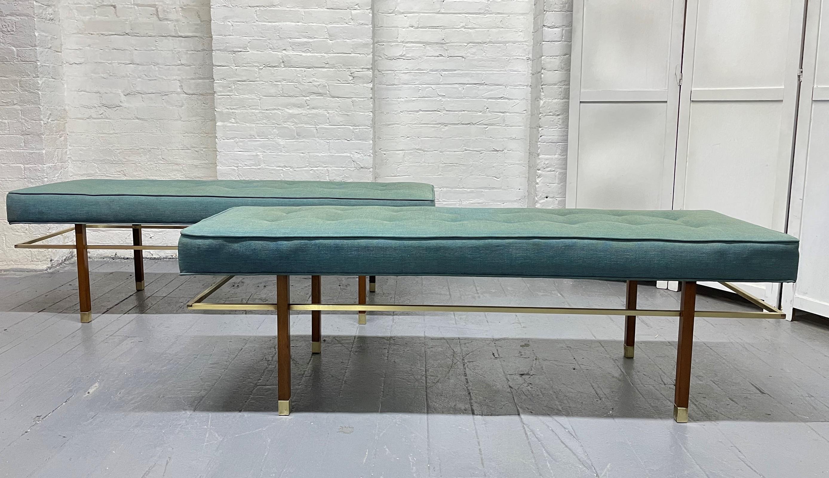 Pair of 1950s Harvey Probber tufted benches. The benches have floating brass stretchers, mahogany legs and the original fabric.
As a reference, the bench is photographed in Harvey Probber catalogue, published 1950s.