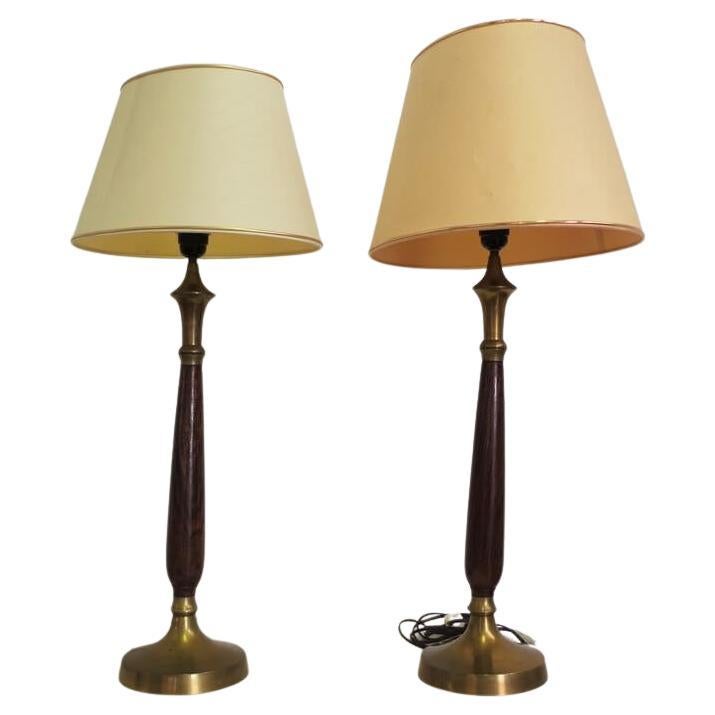 Paire de lampes de table "Hats" des années 1950 en acajou, laiton et coton - Mid-Century It en vente