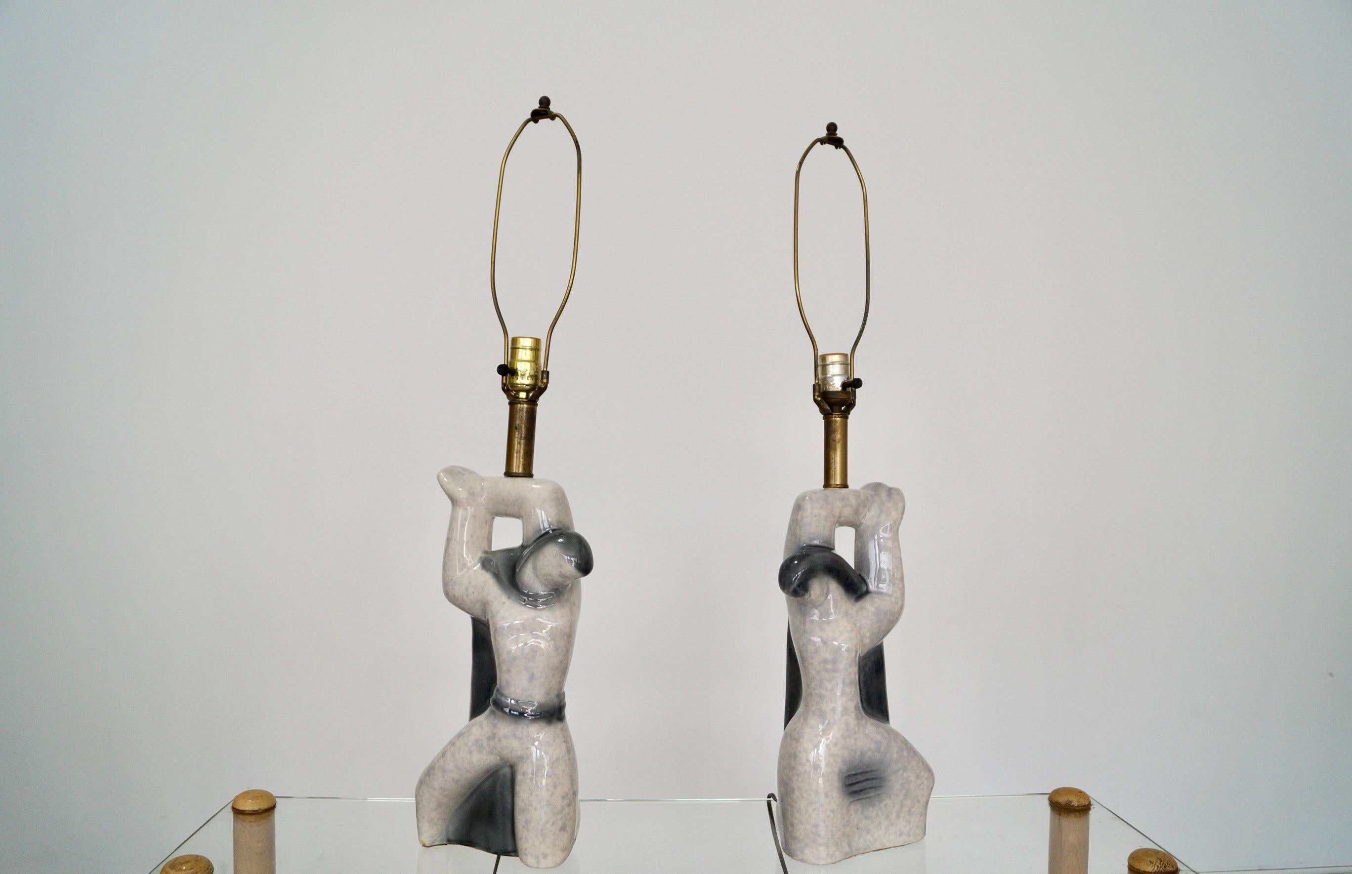 Mid-Century Modern Pair of 1950's Heifetz Figurine Sculpture Table Lamps For Sale