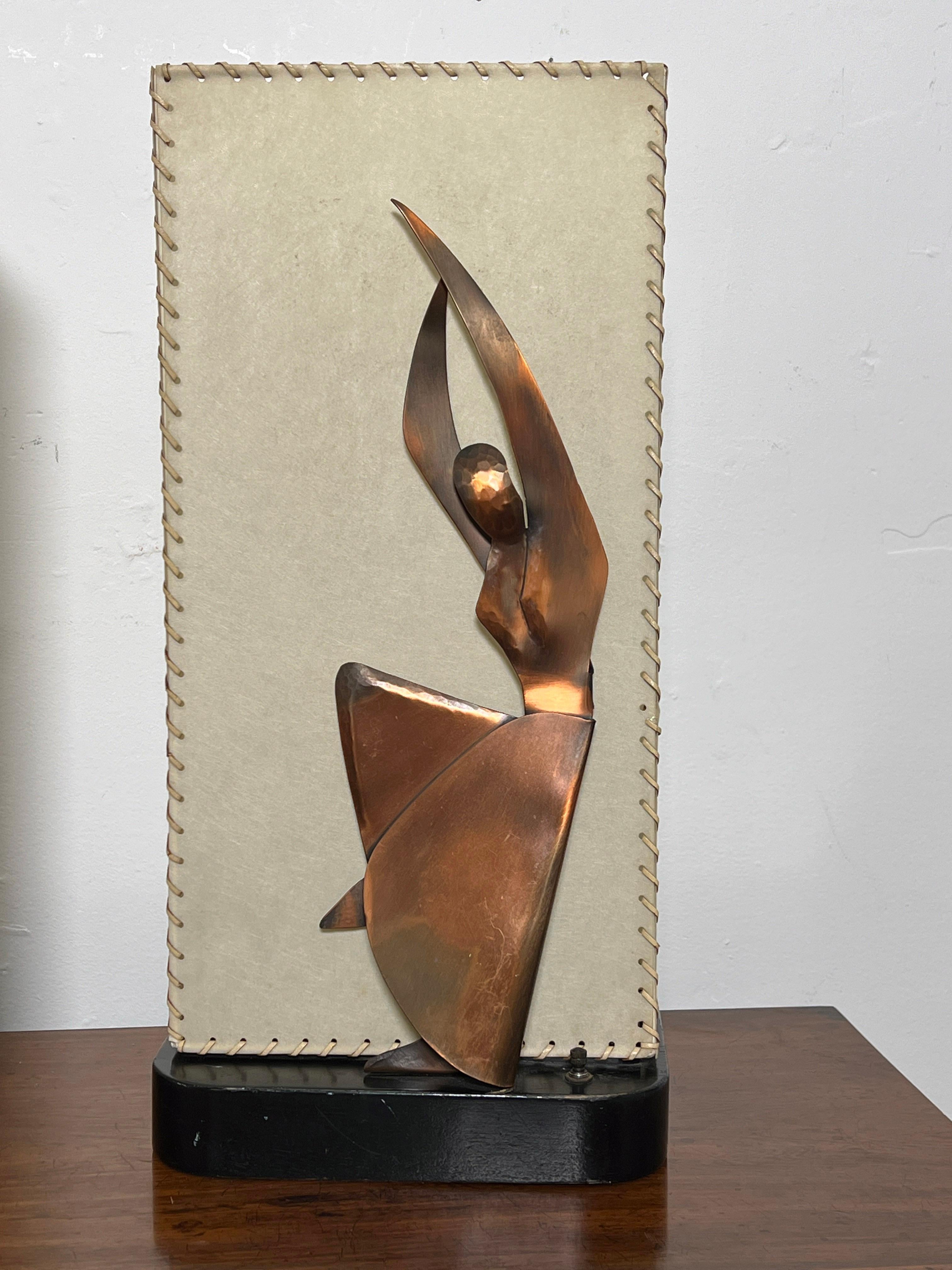 American Pair of 1950s Heifetz Modern Dancer Lamps in Copper with Parchment Shades For Sale