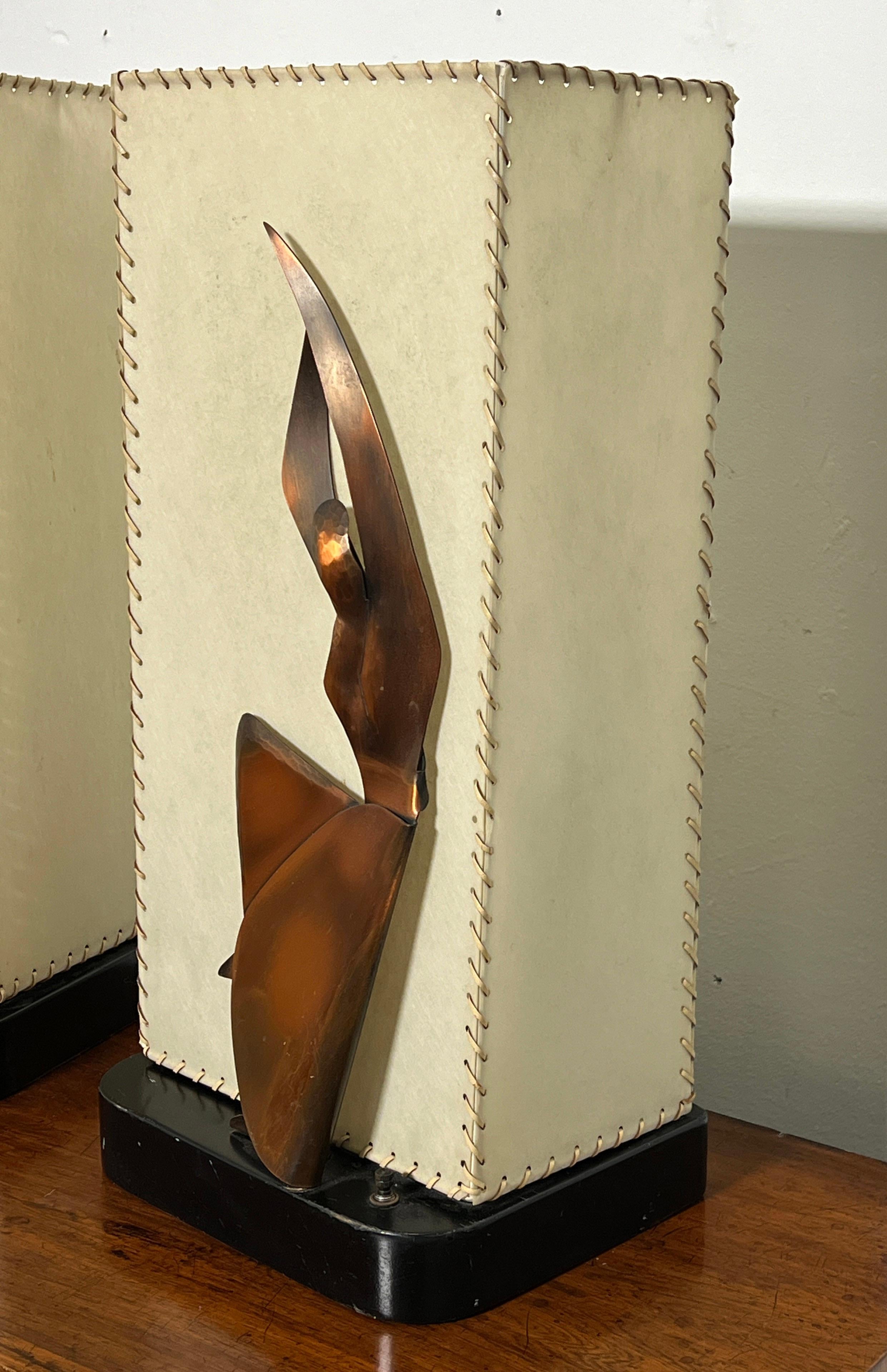 Pair of 1950s Heifetz Modern Dancer Lamps in Copper with Parchment Shades In Good Condition For Sale In Peabody, MA