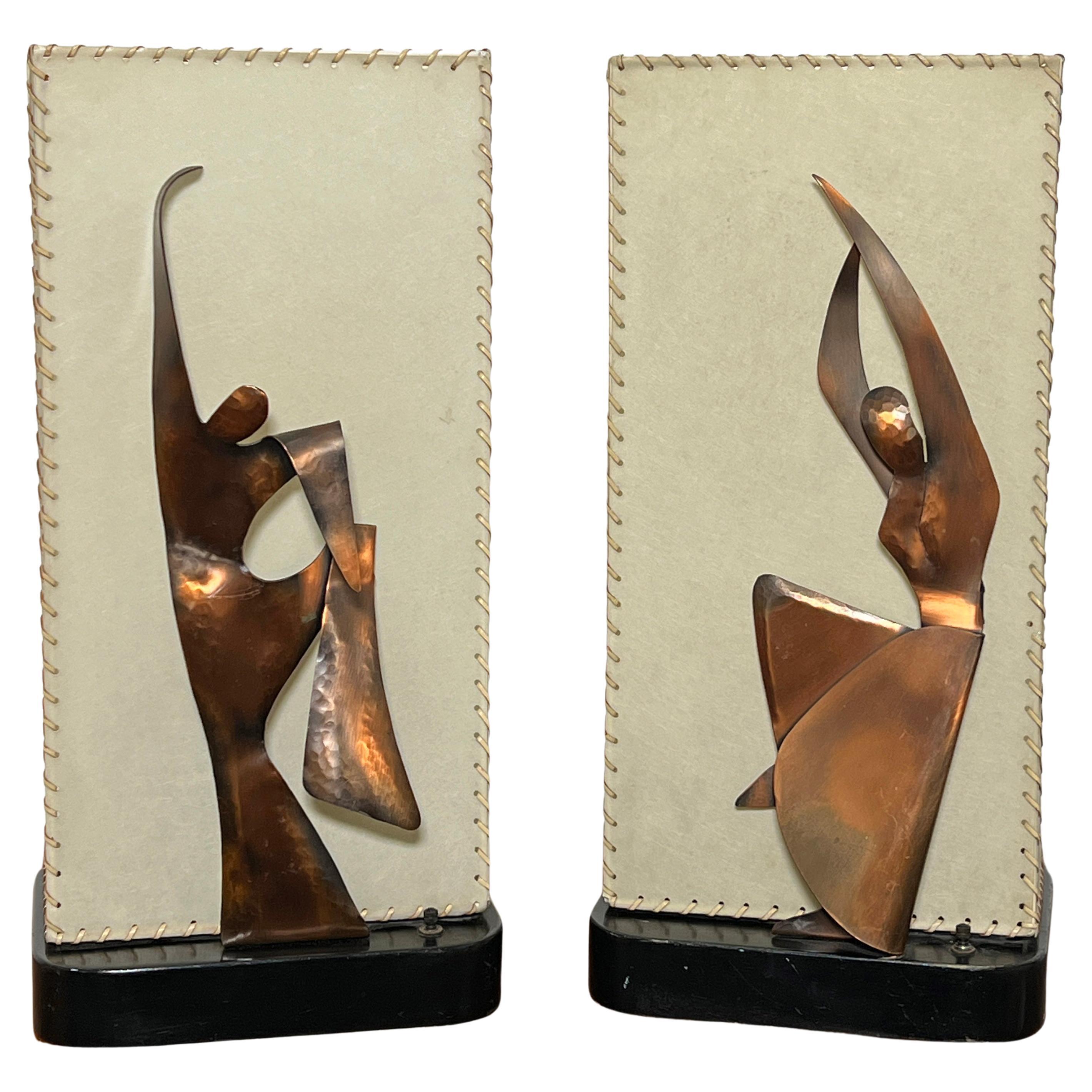 Pair of 1950s Heifetz Modern Dancer Lamps in Copper with Parchment Shades For Sale