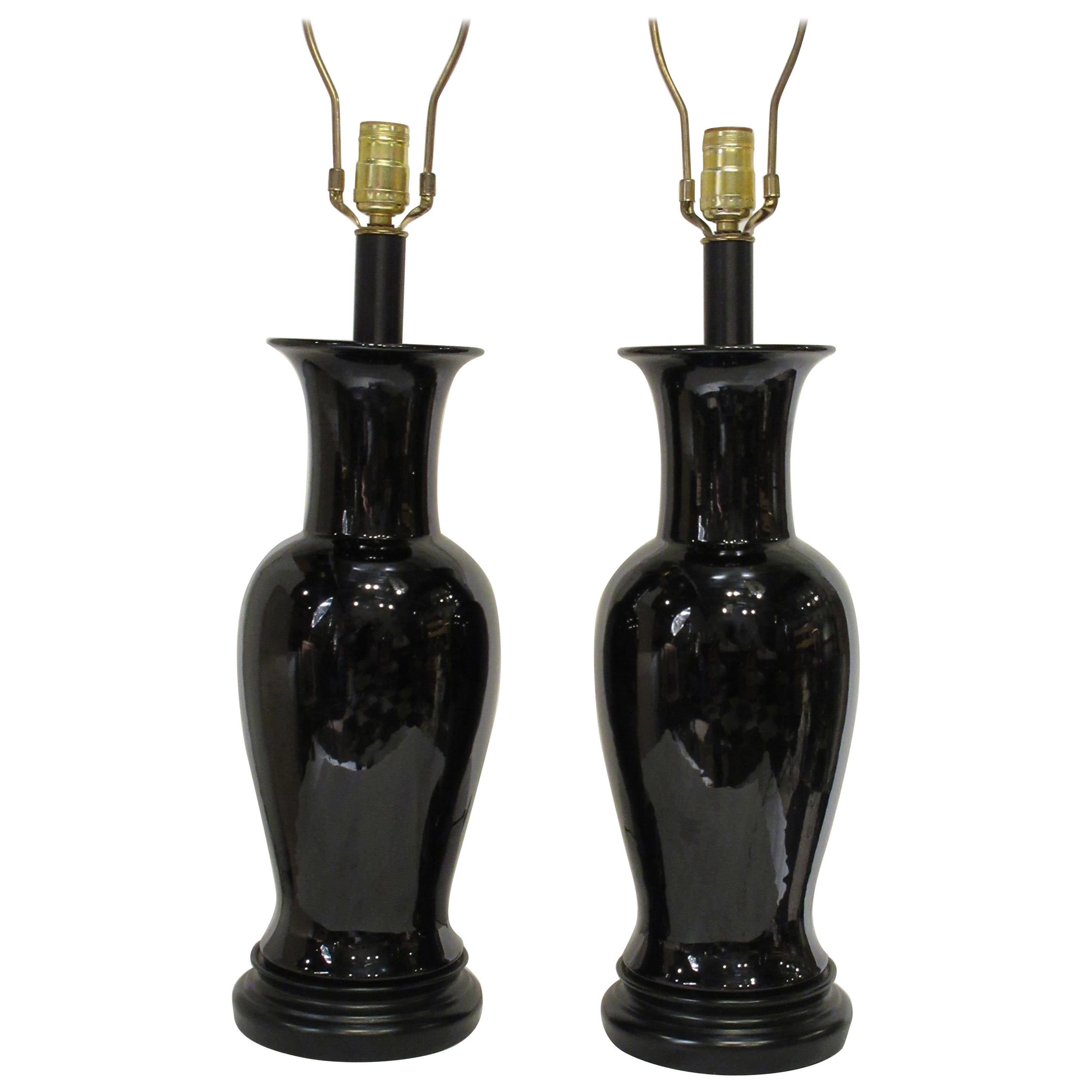 Pair of 1950s High Gloss Black Ginger Jar Lamps