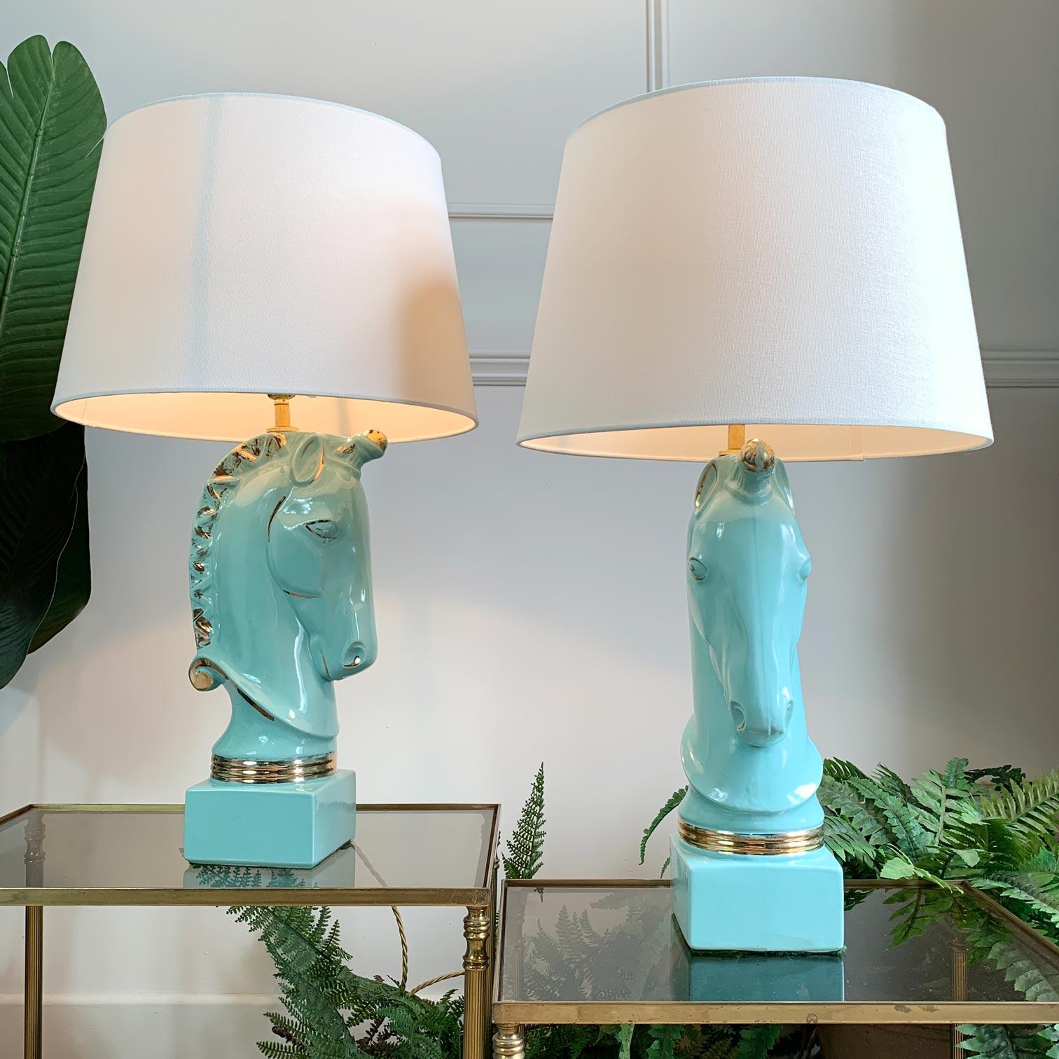 Mid-Century Modern Pair of 1950’s Turquoise Blue Howell Ceramic Unicorn Lamps For Sale