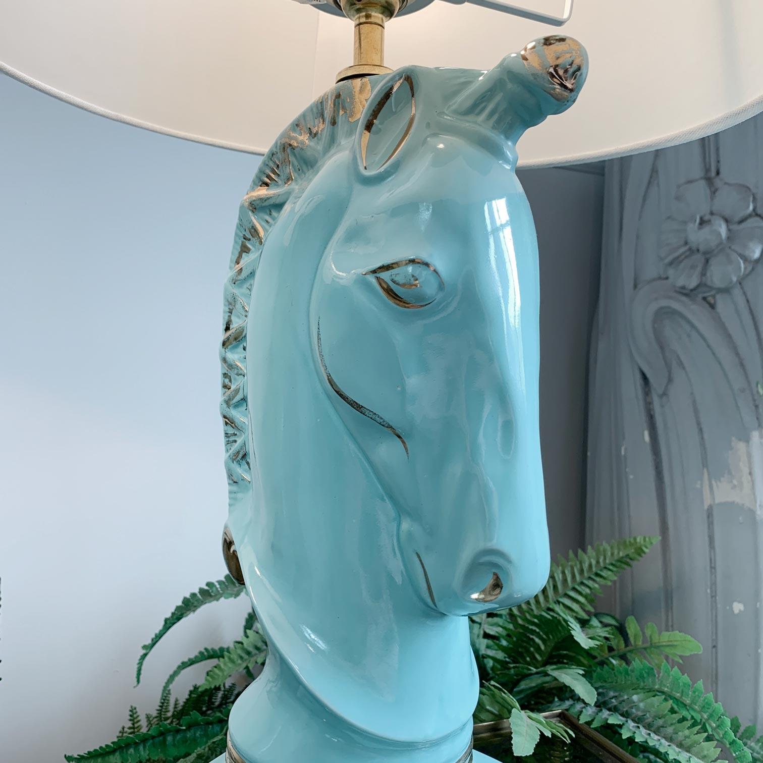 American Pair of 1950’s Turquoise Blue Howell Ceramic Unicorn Lamps For Sale