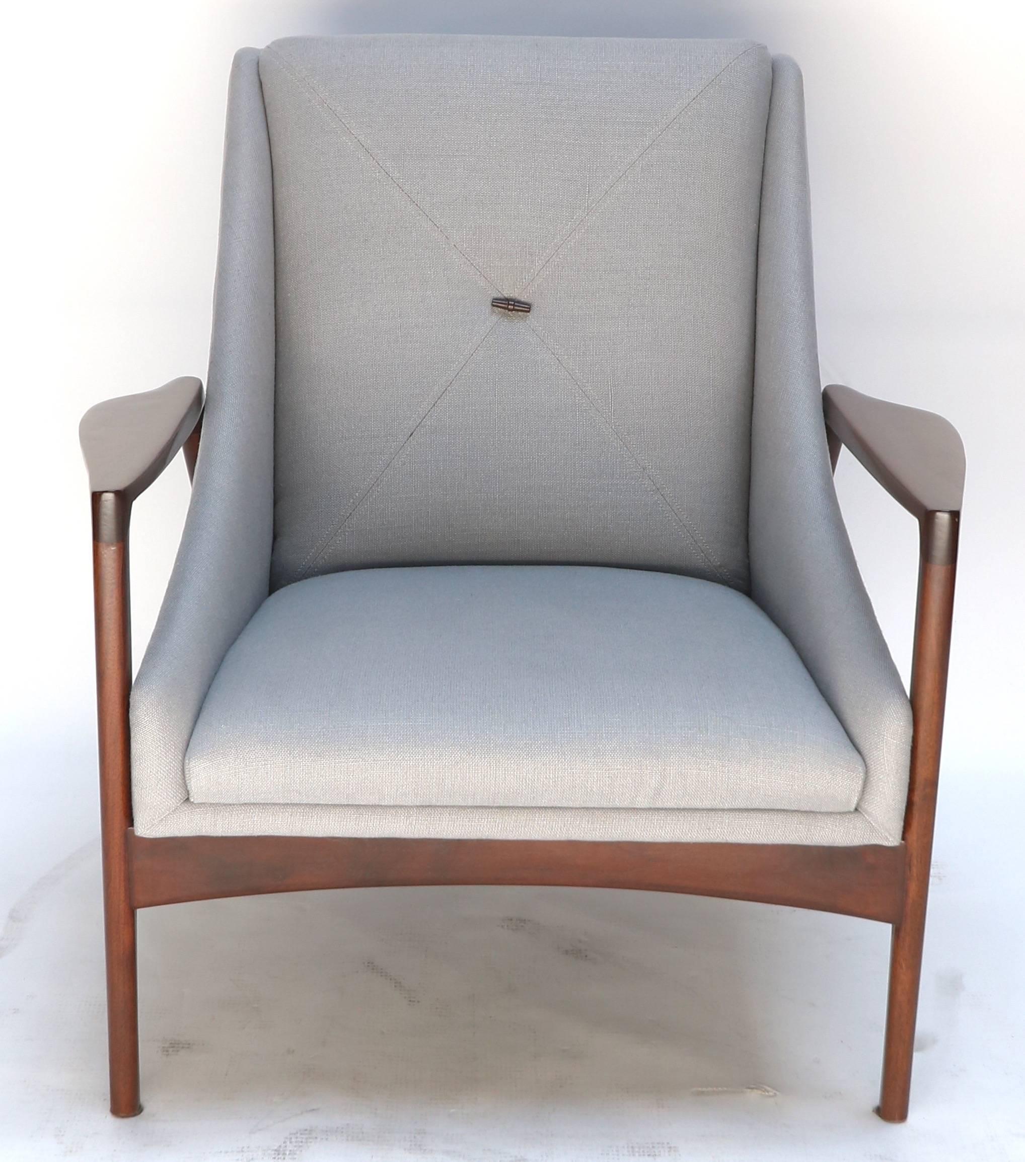 Mid-Century Modern Pair of 1950s Ib Kofod-Larsen Brown Wood Armchairs with Grey Linen Upholstery