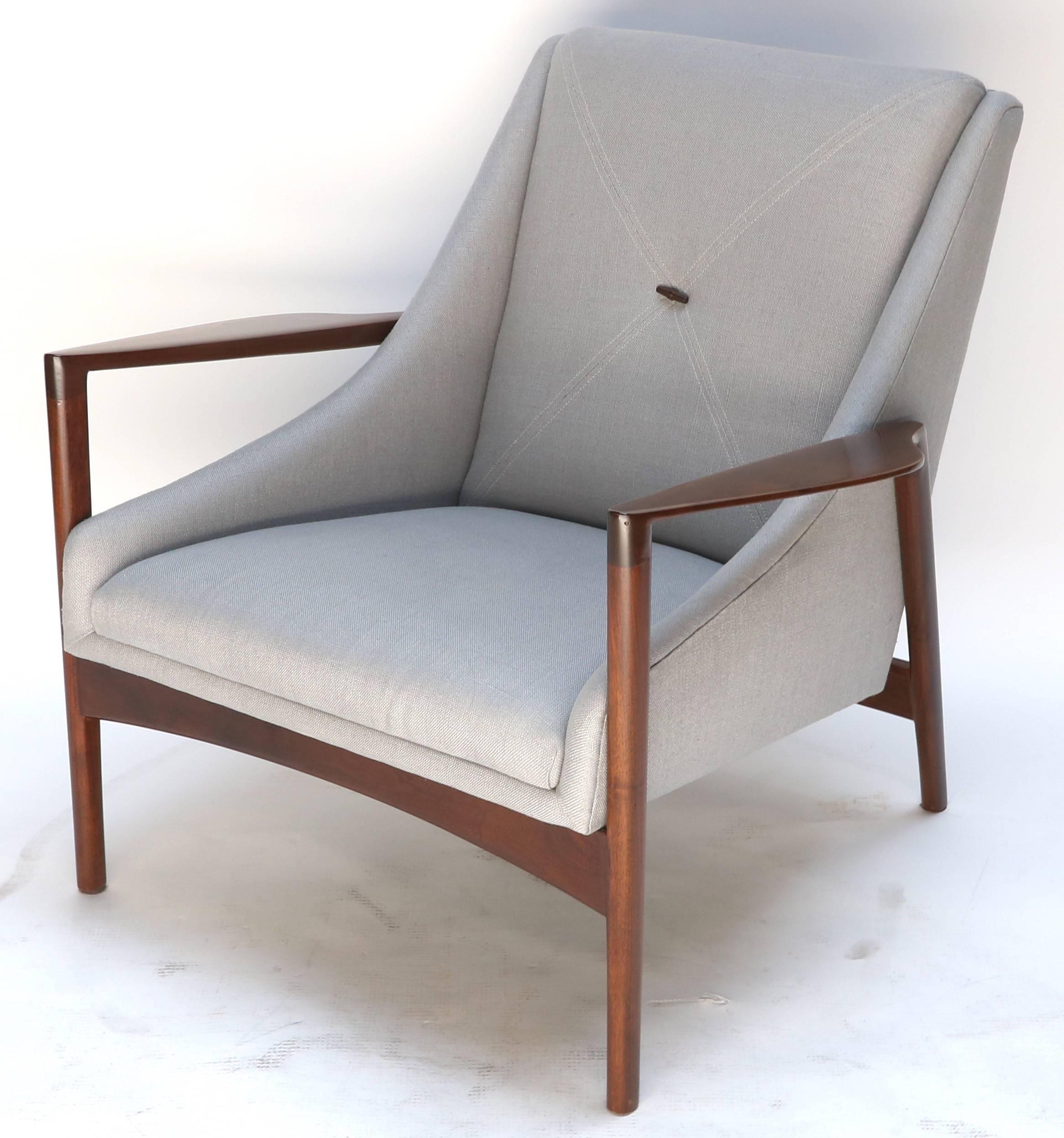 Danish Pair of 1950s Ib Kofod-Larsen Brown Wood Armchairs with Grey Linen Upholstery