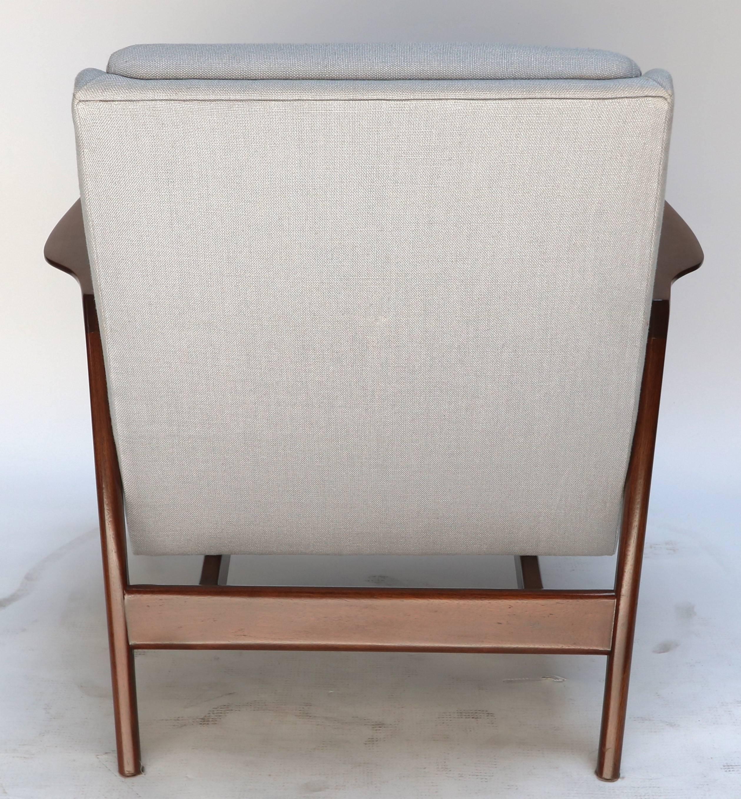 Walnut Pair of 1950s Ib Kofod-Larsen Brown Wood Armchairs with Grey Linen Upholstery