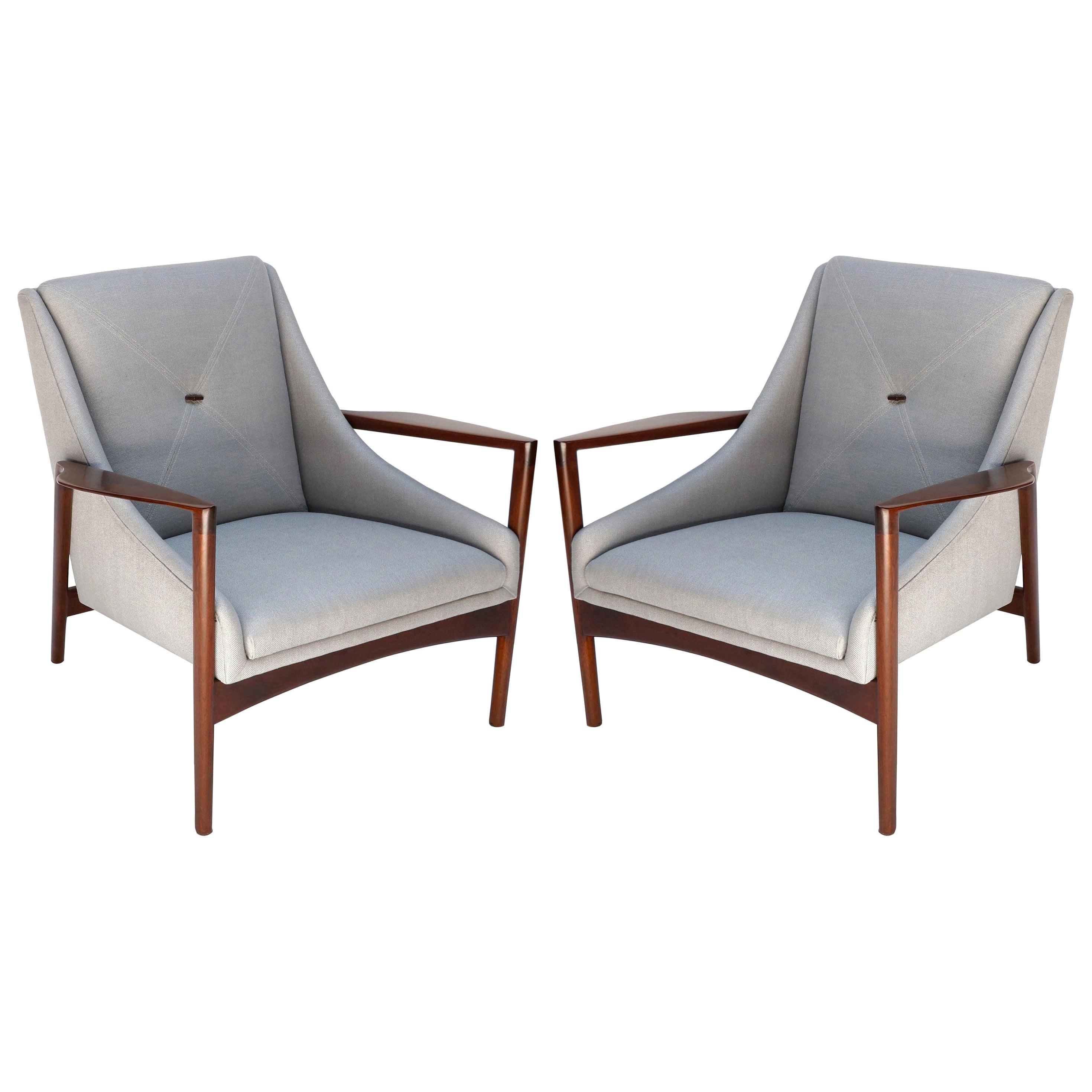 Pair of 1950s Ib Kofod-Larsen Brown Wood Armchairs with Grey Linen Upholstery