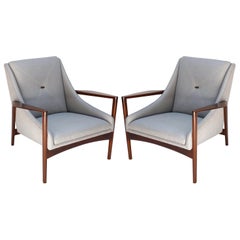 Pair of 1950s Ib Kofod-Larsen Brown Wood Armchairs with Grey Linen Upholstery